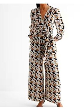 Express - Printed V-Neck Tie Waist Wide Leg Jumpsuit